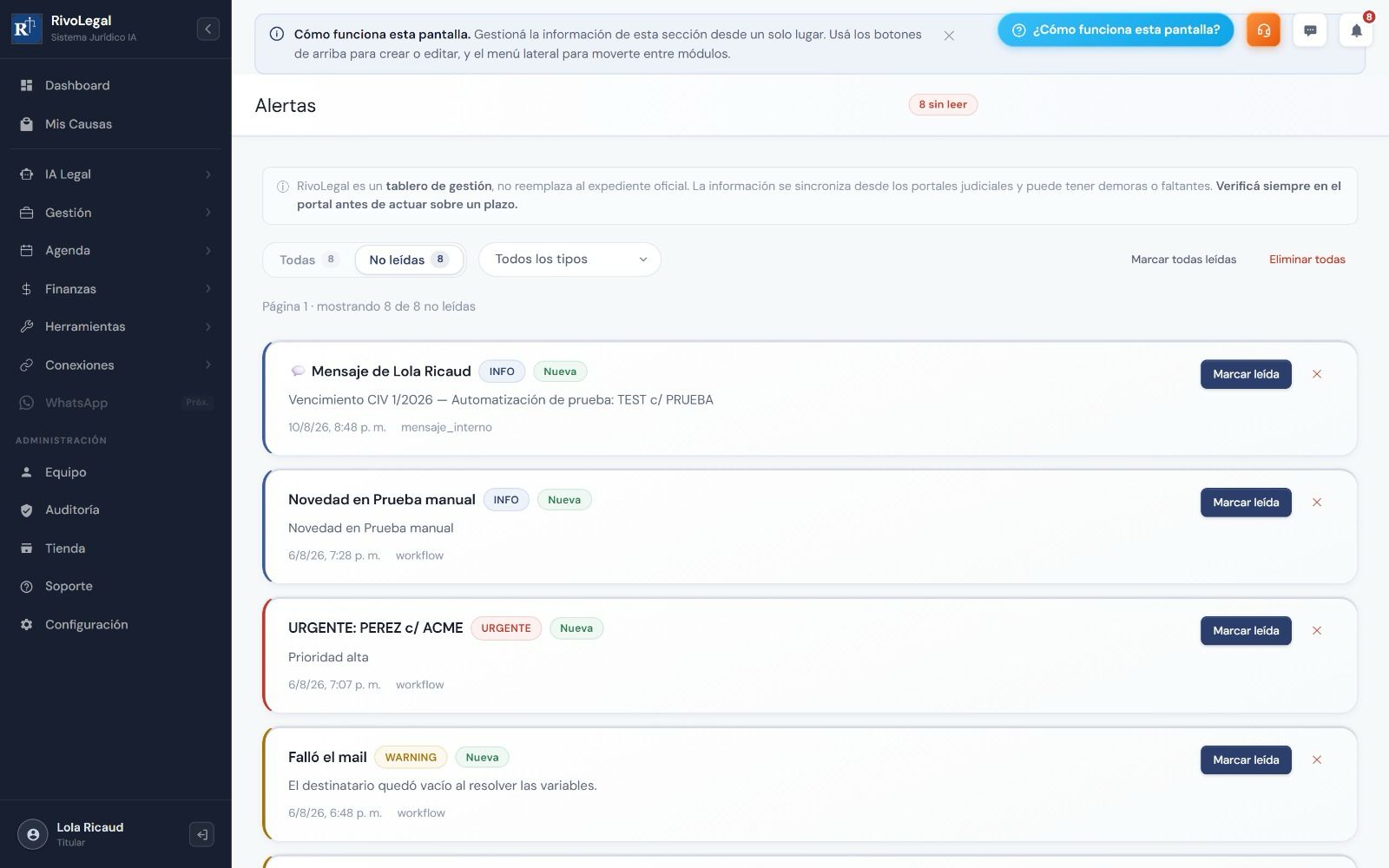 Centro de alertas y notificaciones del estudio jurídico