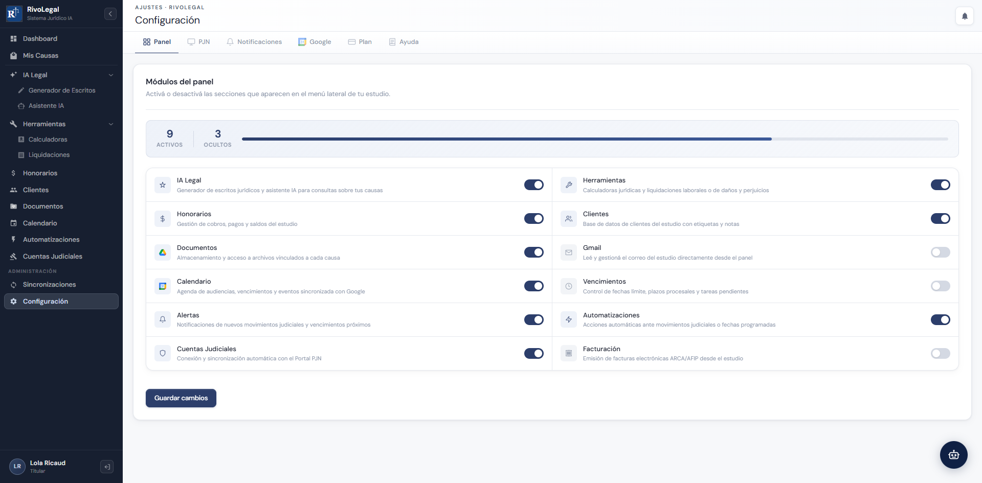 Panel de configuración del estudio jurídico