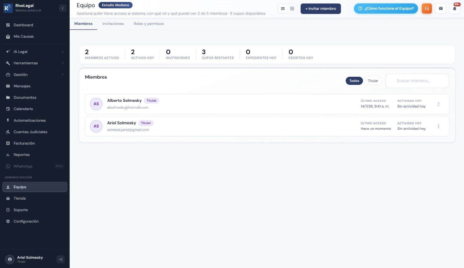 Gestión de equipo del estudio jurídico