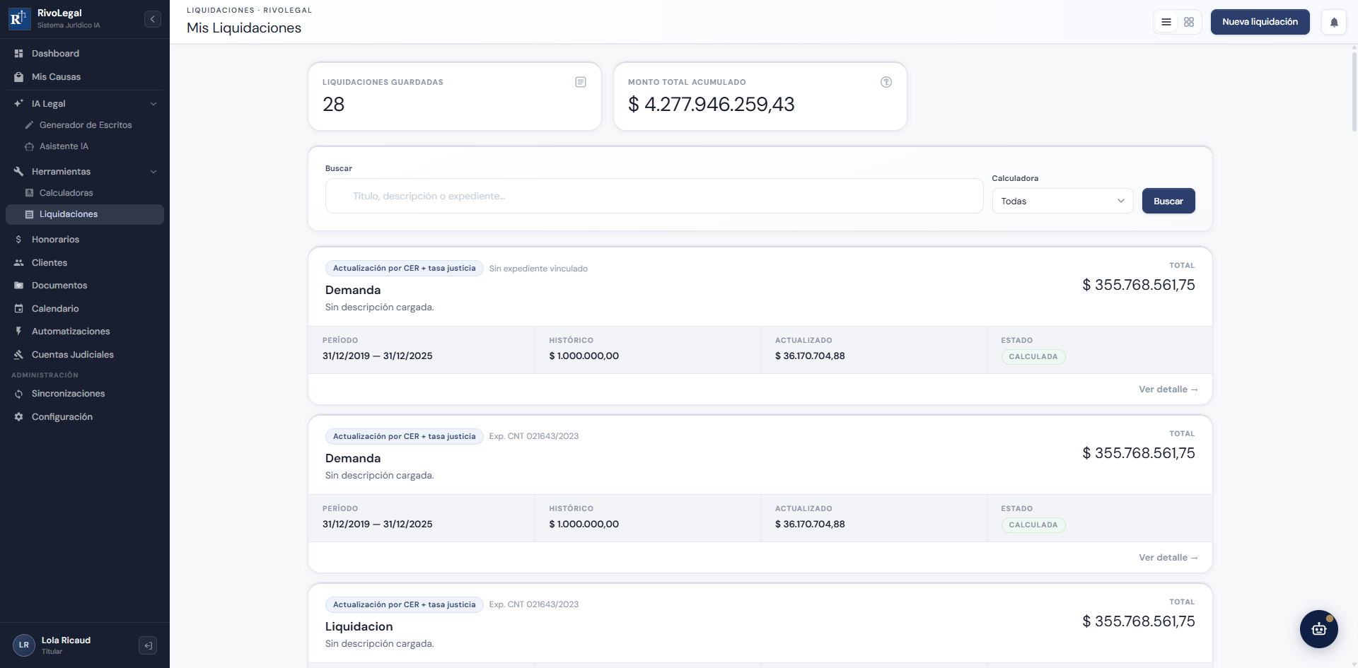Liquidación judicial con actualización por CER, UVA e IPC