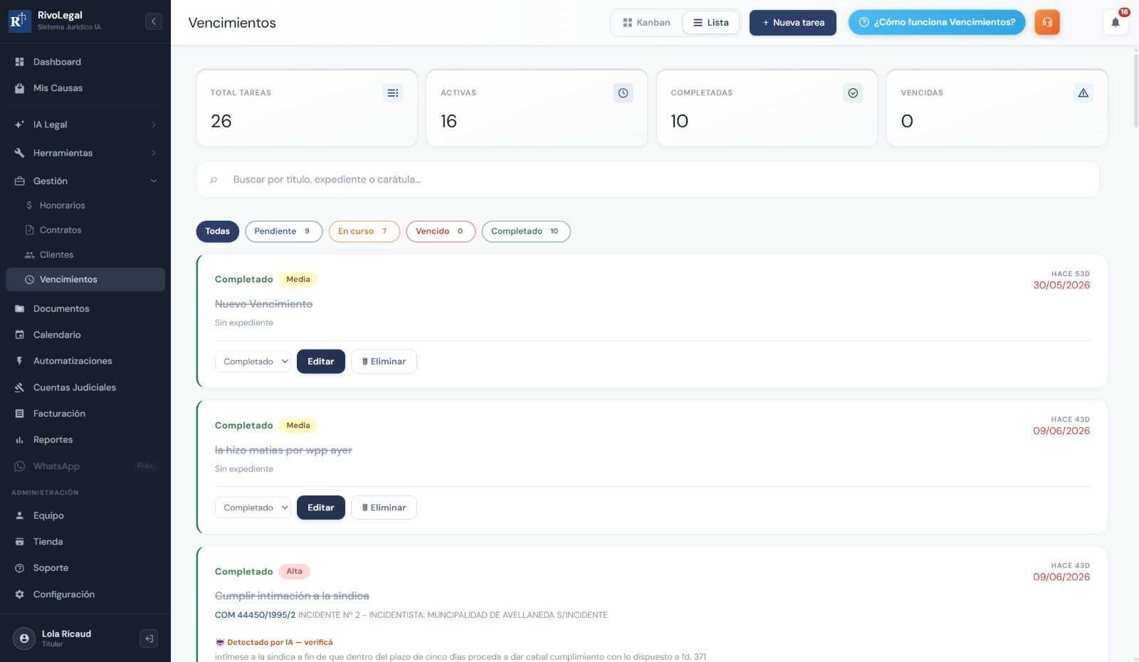 Control de vencimientos y tareas del estudio jurídico