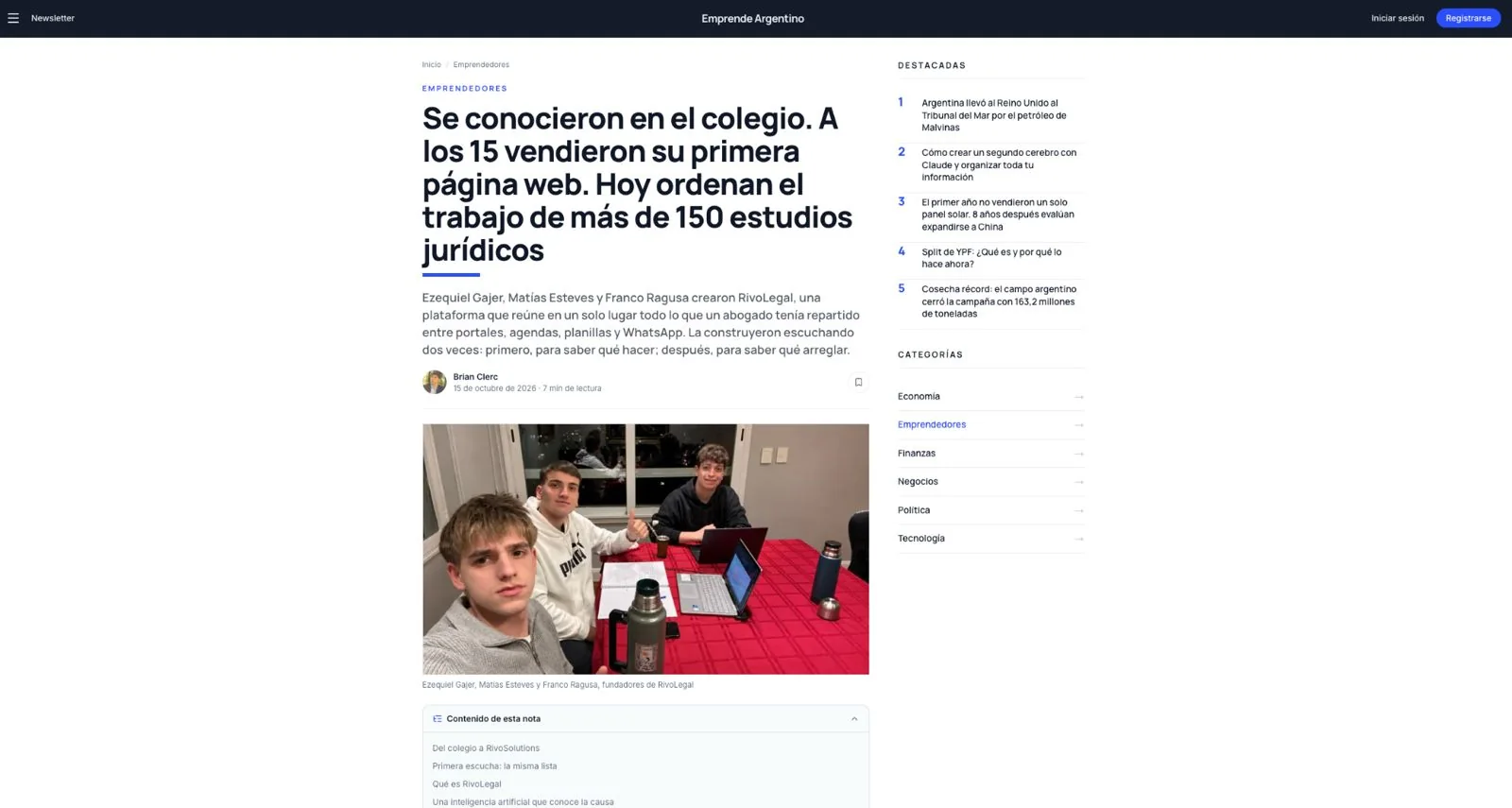 Captura de la nota de Emprende Argentino sobre RivoLegal