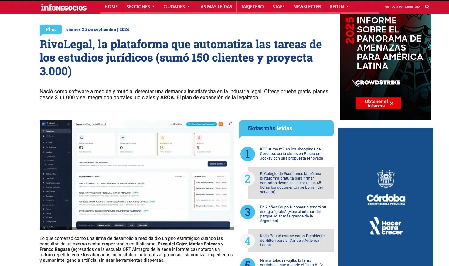 Captura de la nota de InfoNegocios sobre RivoLegal