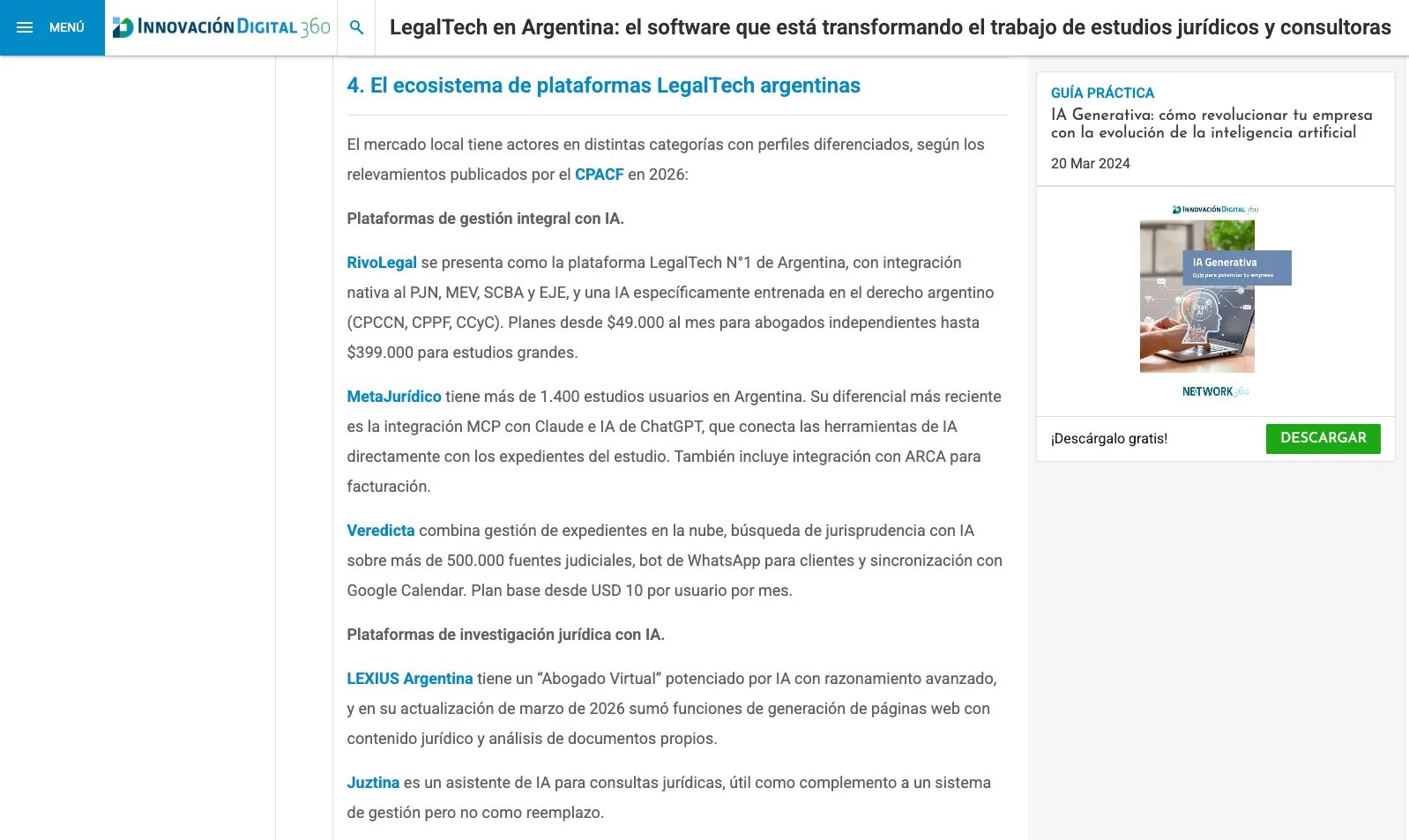 Captura de la nota de Innovación Digital 360 sobre RivoLegal